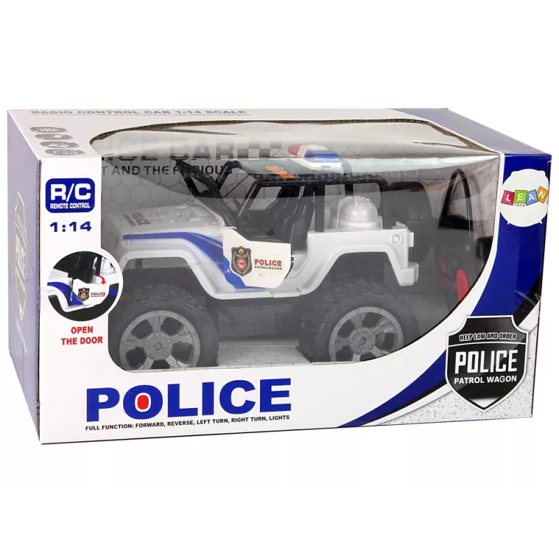 LEAN TOYS R/C nuotoliniu valdymu automobilis JEEP policijos patrulis su atidaromomis durelėmis