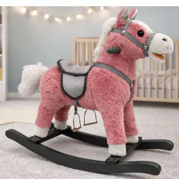 LEAN TOYS Sūpynių arkliukas su balnu ir pėdų atrama, garsai, rožinis, 74 cm