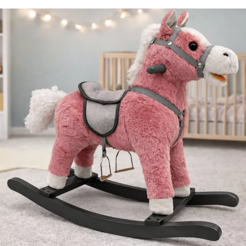 LEAN TOYS Sūpynių arkliukas su balnu ir pėdų atrama, garsai, rožinis, 74 cm
