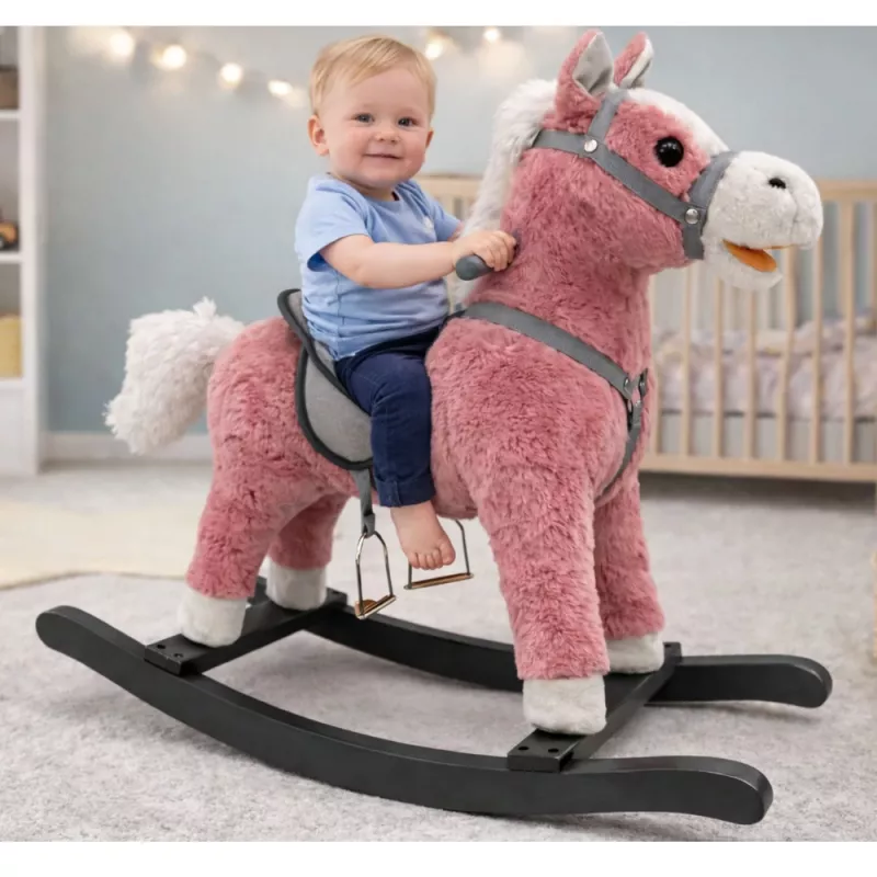 LEAN TOYS Sūpynių arkliukas su balnu ir pėdų atrama, garsai, rožinis, 74 cm
