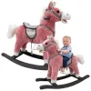 LEAN TOYS Sūpynių arkliukas su balnu ir pėdų atrama, garsai, rožinis, 74 cm