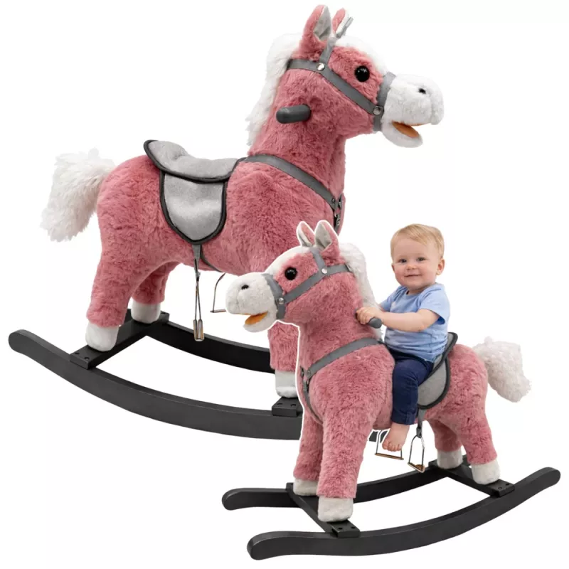 LEAN TOYS Sūpynių arkliukas su balnu ir pėdų atrama, garsai, rožinis, 74 cm