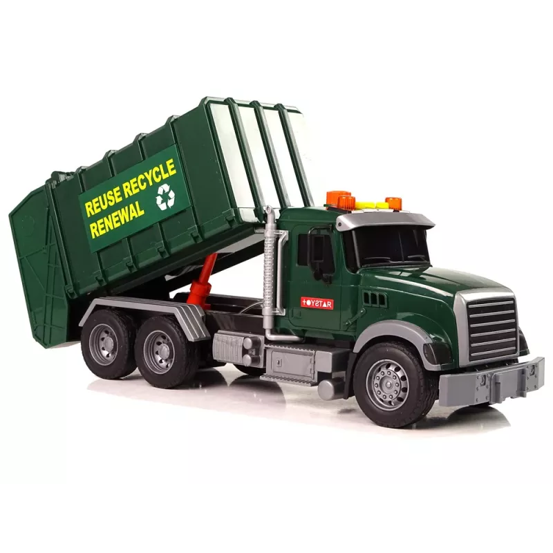 LEAN TOYS Šiukšliavežis su konteineriais tamsiai žalias su garsu ir šviesomis