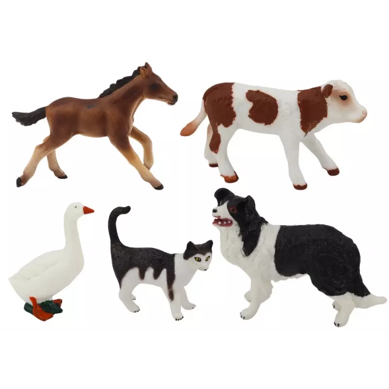 LEAN TOYS Kaimo gyvūnų figūrėlių rinkinys 5 vnt. Arklys, karvė, katė, žąsis, šuo