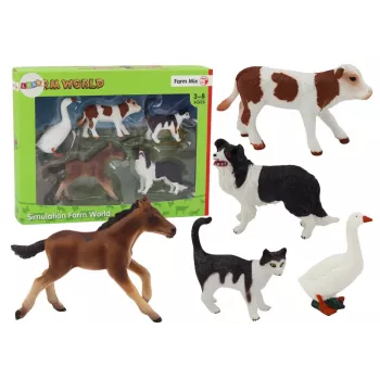 LEAN TOYS Kaimo gyvūnų figūrėlių rinkinys 5 vnt. Arklys, karvė, katė, žąsis, šuo