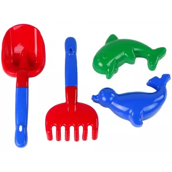 LEAN TOYS Smėlio aksesuarų rinkinys iš 4 dalių – kastuvėlis, grėblys, 2 formelės, patvarus plastikas, nuo 12 mėn.
