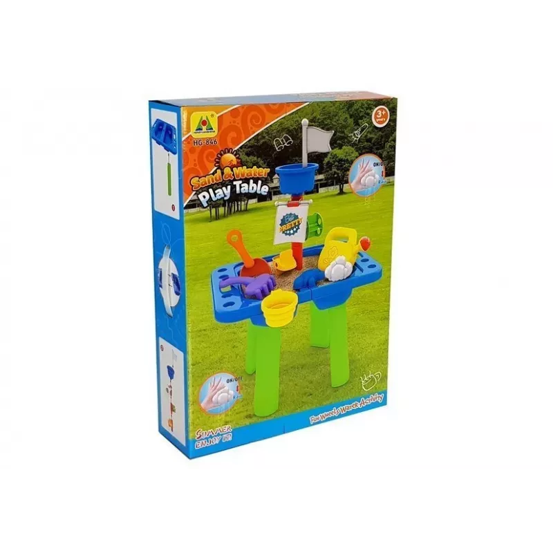 LEAN TOYS Smėlio ir vandens stalas su formelėmis, kastuvėliu, grėbliuku ir debesėlio formele - įvairiaspalvis