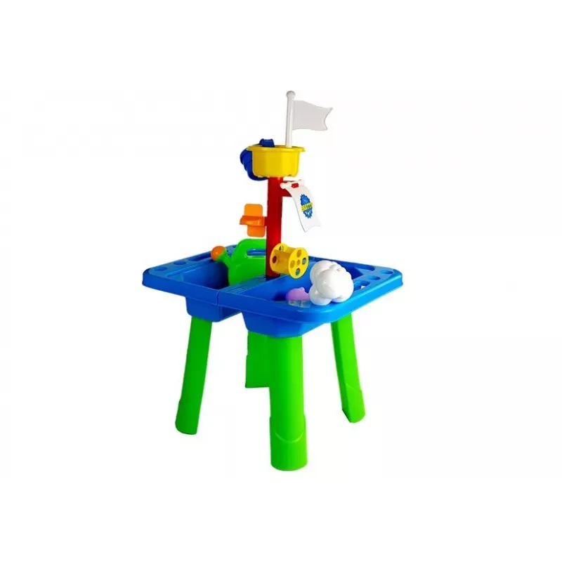 LEAN TOYS Smėlio ir vandens stalas su formelėmis, kastuvėliu, grėbliuku ir debesėlio formele - įvairiaspalvis