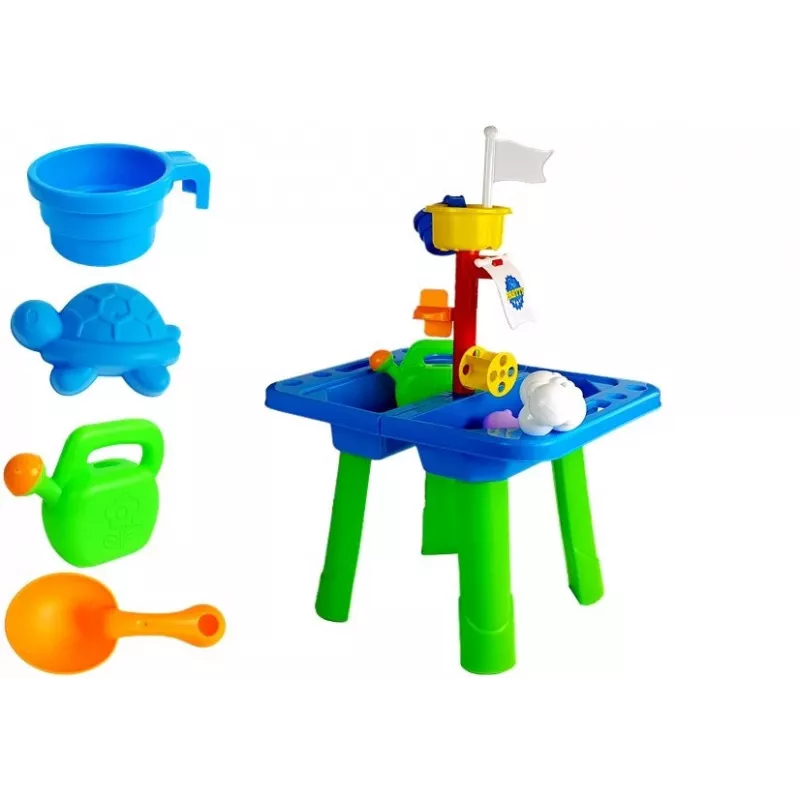 LEAN TOYS Smėlio ir vandens stalas su formelėmis, kastuvėliu, grėbliuku ir debesėlio formele - įvairiaspalvis