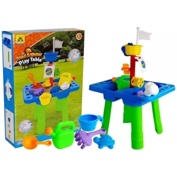 LEAN TOYS Smėlio ir vandens stalas su formelėmis, kastuvėliu, grėbliuku ir debesėlio formele - įvairiaspalvis