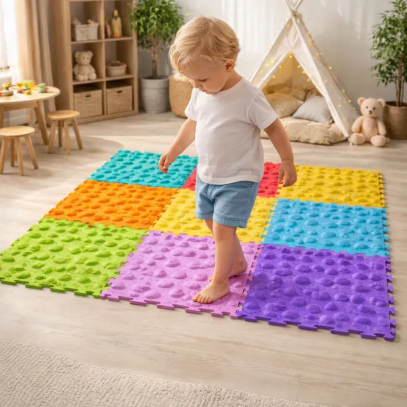 LEAN TOYS Sensorinio tako dėlionės plytelės, įvairios struktūros, spalvos, 24,5 cm, 10 vnt.