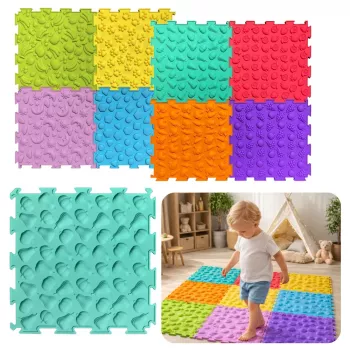 LEAN TOYS Sensorinio tako dėlionės plytelės, įvairios struktūros, spalvos, 24,5 cm, 10 vnt.