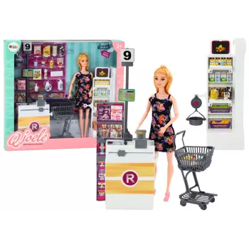 LEAN TOYS Lėlės rinkinys su prekybos centro lentynomis, prekių krepšeliu ir maisto produktais