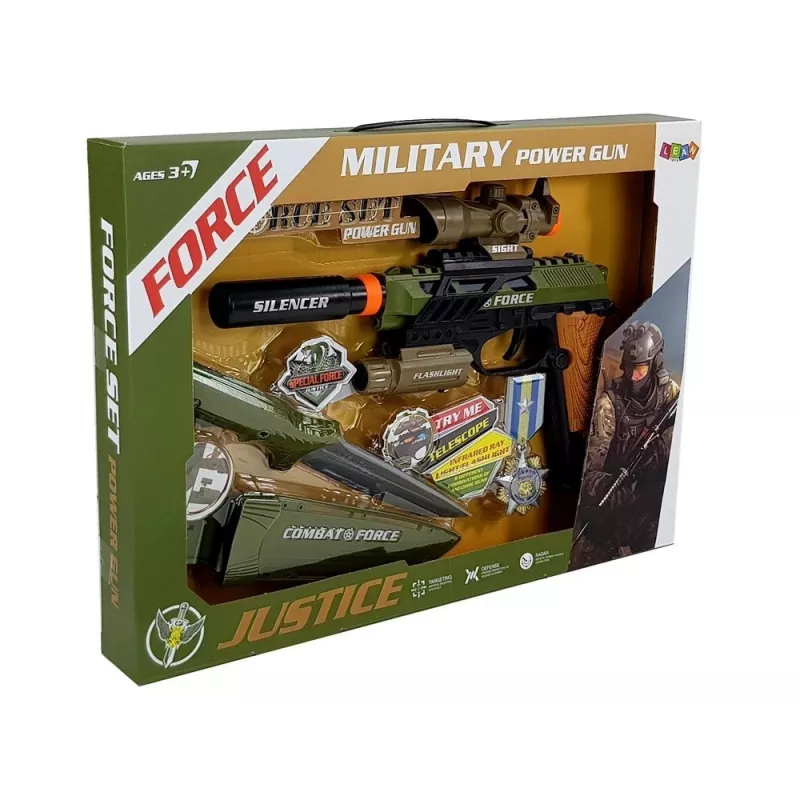 LEAN TOYS Rinkinys Karinis Pistoletas Šautuvas Peilis Medalis Taikiklis