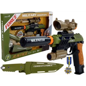 LEAN TOYS Rinkinys Karinis Pistoletas Šautuvas Peilis Medalis Taikiklis