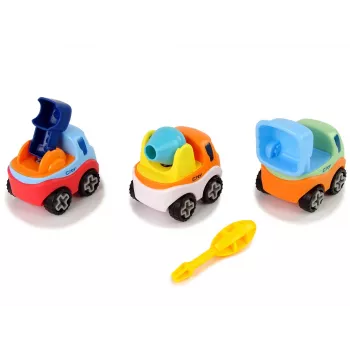 LEAN TOYS 3 statybinių mašinų rinkinys išardymui + atsuktuvas: betono maišyklė, kranas, savivartis