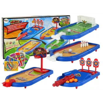 LEAN TOYS 4-in-1 arkadinių žaidimų rinkinys: krepšinis, futbolas, skydas, boulingo strėlės