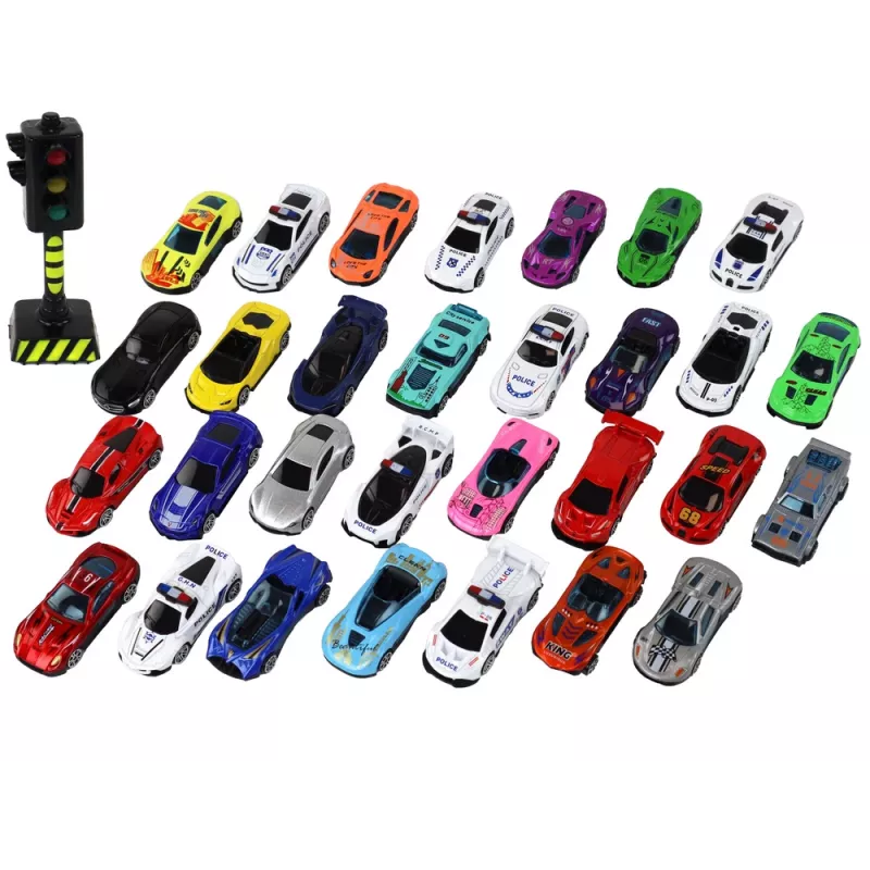 LEAN TOYS Aliumininių spyruoklinių automobilių rinkinys dėžutėje 30 vnt. Policijos ir sportiniai automobiliai