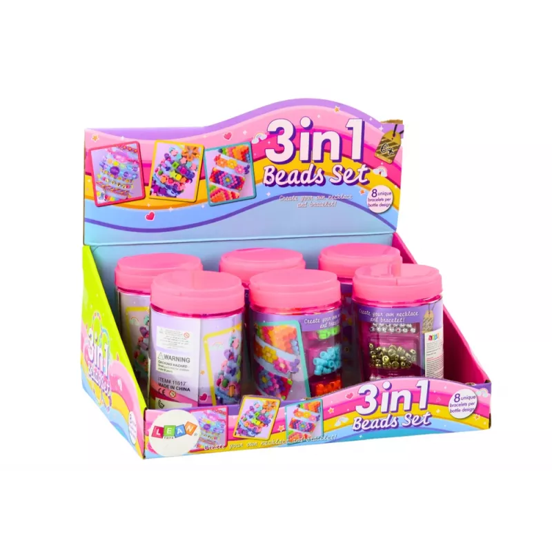 LEAN TOYS Karoliukų rinkinys stiklainyje papuošalų kūrimui 3in1