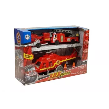 LEAN TOYS Ugniagesių transporto priemonių rinkinys: automobilis, sraigtasparnis, motociklas su šviesomis ir garsais
