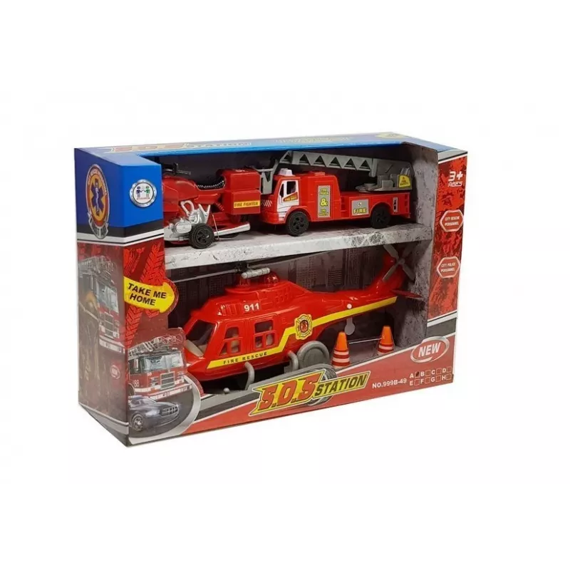 LEAN TOYS Ugniagesių transporto priemonių rinkinys: automobilis, sraigtasparnis, motociklas su šviesomis ir garsais