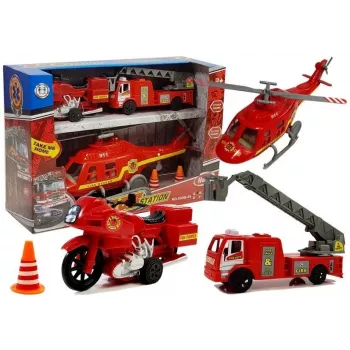 LEAN TOYS Ugniagesių transporto priemonių rinkinys: automobilis, sraigtasparnis, motociklas su šviesomis ir garsais