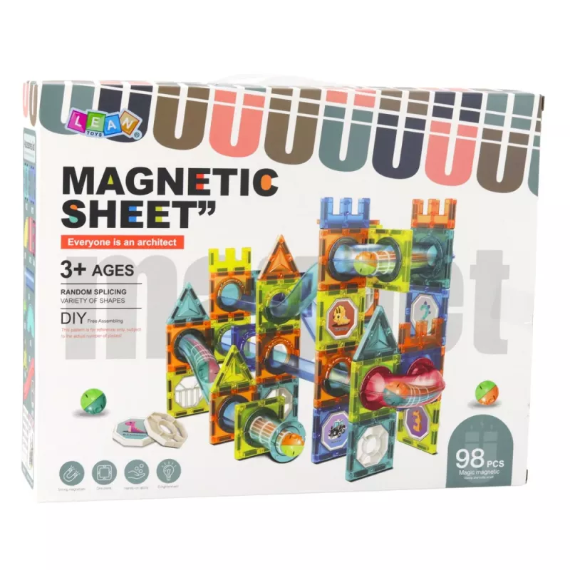 LEAN TOYS Magnetinių konstrukcinių blokelių rinkinys su kamuoliuko trasa, spalvingas, 98 vnt.