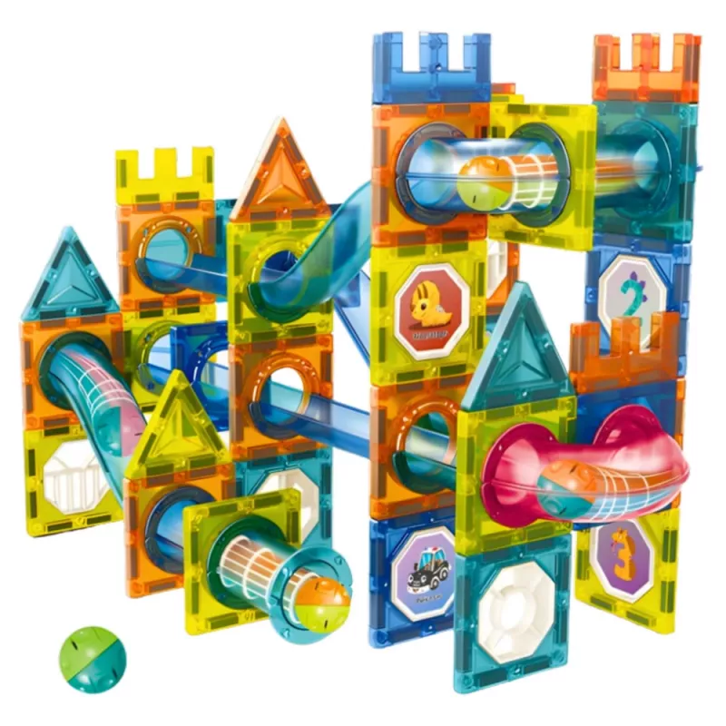 LEAN TOYS Magnetinių konstrukcinių blokelių rinkinys su kamuoliuko trasa, spalvingas, 98 vnt.