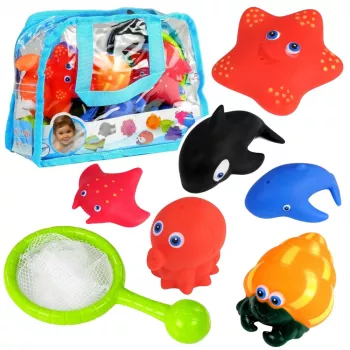 LEAN TOYS Jūros gyvūnų rinkinys maudynėms, guminis žvejybos sietelis, 12 vnt.
