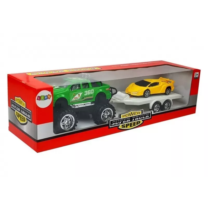 LEAN TOYS Transporto priemonių rinkinys: geltoni sportiniai automobiliai ir žalios visureigiai su inerciniu mechanizmu
