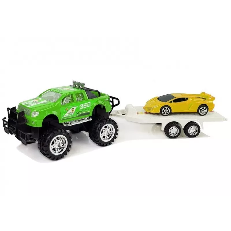 LEAN TOYS Transporto priemonių rinkinys: geltoni sportiniai automobiliai ir žalios visureigiai su inerciniu mechanizmu
