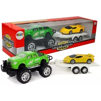 LEAN TOYS Transporto priemonių rinkinys: geltoni sportiniai automobiliai ir žalios visureigiai su inerciniu mechanizmu