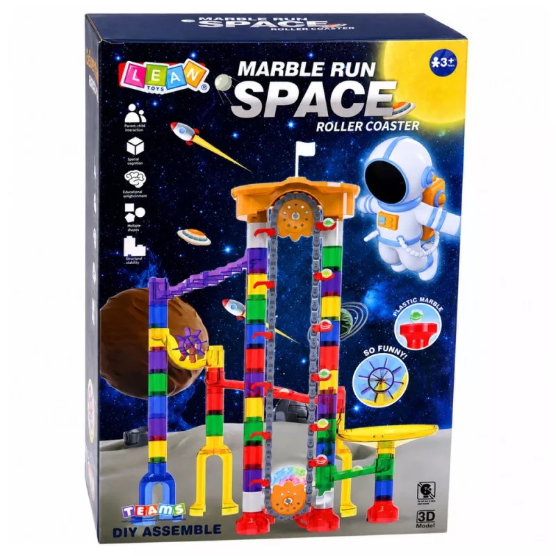 LEAN TOYS Space Track Construction Blocks 153 vnt. - 3D spalvotas rutuliukų takelis su tuneliais ir kamuoliukais