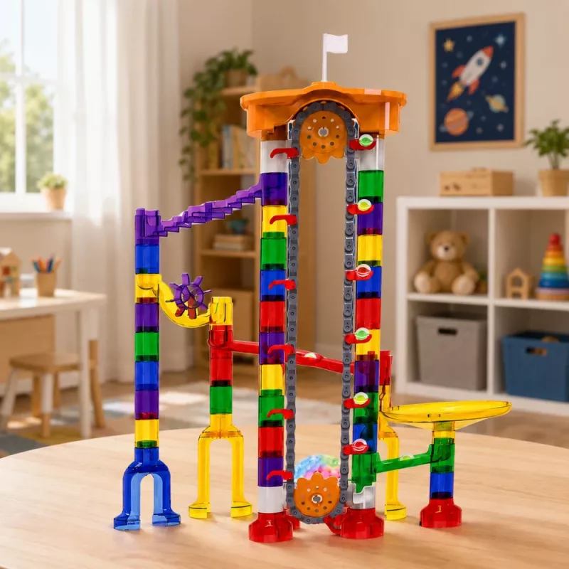 LEAN TOYS Space Track Construction Blocks 153 vnt. - 3D spalvotas rutuliukų takelis su tuneliais ir kamuoliukais