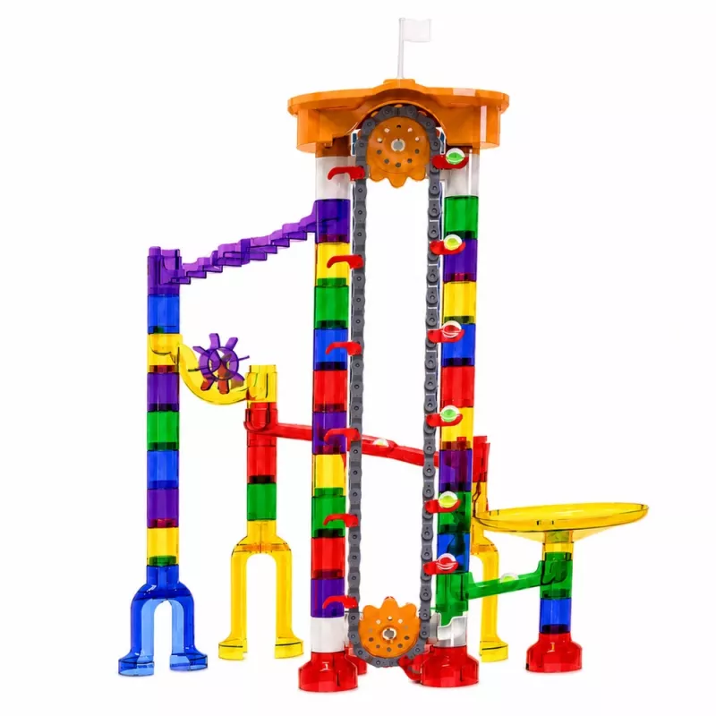 LEAN TOYS Space Track Construction Blocks 153 vnt. - 3D spalvotas rutuliukų takelis su tuneliais ir kamuoliukais