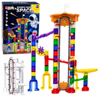 LEAN TOYS Space Track Construction Blocks 153 vnt. - 3D spalvotas rutuliukų takelis su tuneliais ir kamuoliukais