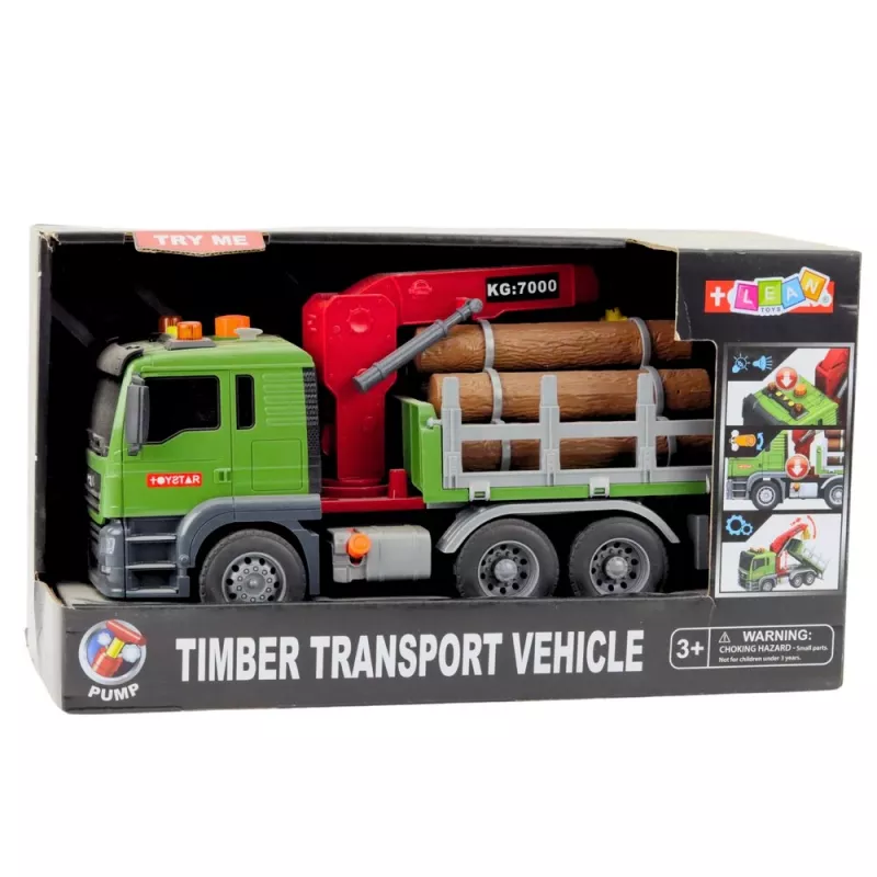 LEAN TOYS medienos transportavimo sunkvežimis su kranu, rąstais, šviesomis ir garsais – statybinės transporto priemonės žaislas