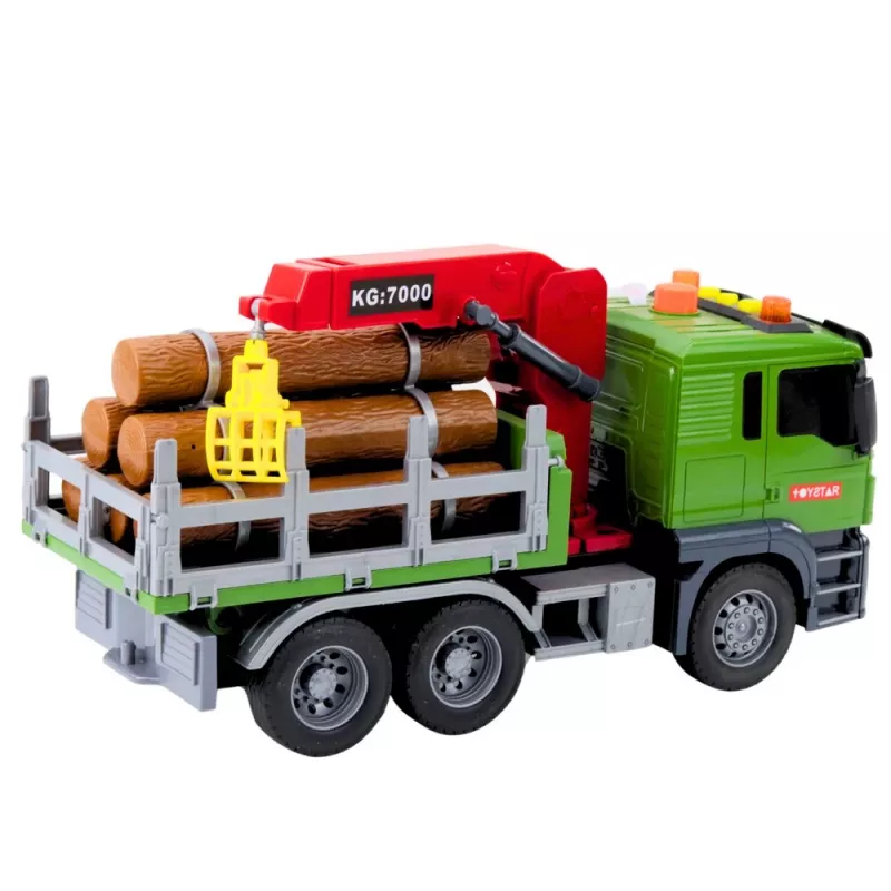 LEAN TOYS medienos transportavimo sunkvežimis su kranu, rąstais, šviesomis ir garsais – statybinės transporto priemonės žaislas