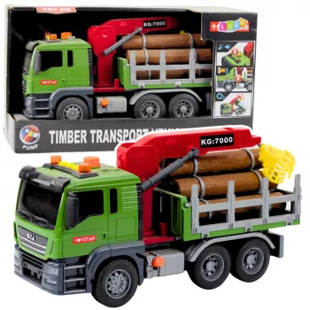 LEAN TOYS medienos transportavimo sunkvežimis su kranu, rąstais, šviesomis ir garsais – statybinės transporto priemonės žaislas