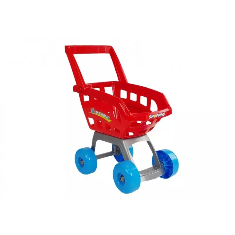 LEAN TOYS Žaidimų turgus su vežimėliu, kasos aparatu, skaitytuvu ir bakalėjos prekėmis