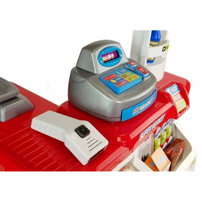 LEAN TOYS Žaidimų turgus su vežimėliu, kasos aparatu, skaitytuvu ir bakalėjos prekėmis