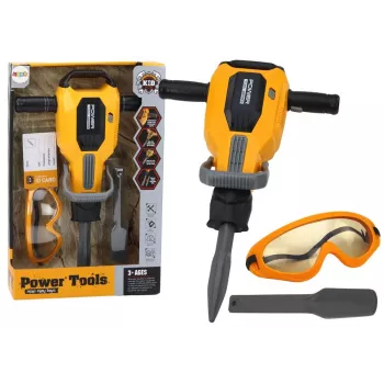 LEAN TOYS Žaislinis pneumatinis plaktukas su šalmu ir akiniais – geltonas, 3+ metų, šviesos ir garsai, 4 dalių rinkinys