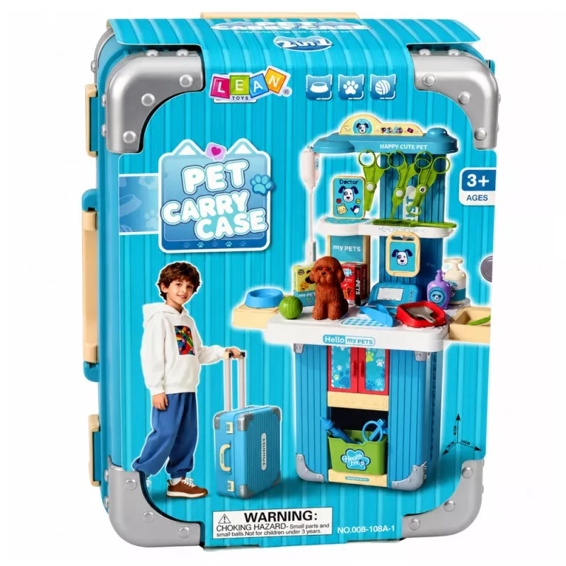LEAN TOYS Veterinarijos lagaminas su šuns priežiūros rinkiniu, rudas, vaidmenų žaidimų rinkinys su 12 priedų