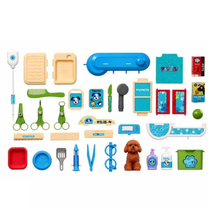 LEAN TOYS Veterinarijos lagaminas su šuns priežiūros rinkiniu, rudas, vaidmenų žaidimų rinkinys su 12 priedų