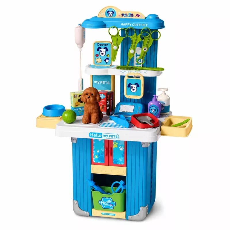 LEAN TOYS Veterinarijos lagaminas su šuns priežiūros rinkiniu, rudas, vaidmenų žaidimų rinkinys su 12 priedų