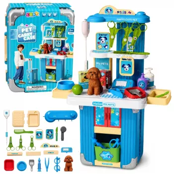 LEAN TOYS Veterinarijos lagaminas su šuns priežiūros rinkiniu, rudas, vaidmenų žaidimų rinkinys su 12 priedų