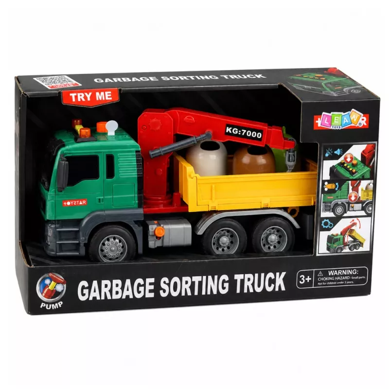 LEAN TOYS Šiukšlių rūšiavimo sunkvežimis su kranu, konteineriais, inercine pavara, šviesa ir garsu