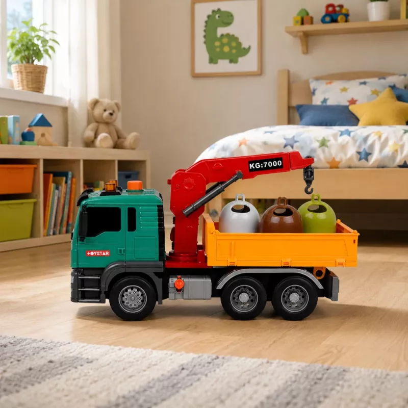 LEAN TOYS Šiukšlių rūšiavimo sunkvežimis su kranu, konteineriais, inercine pavara, šviesa ir garsu