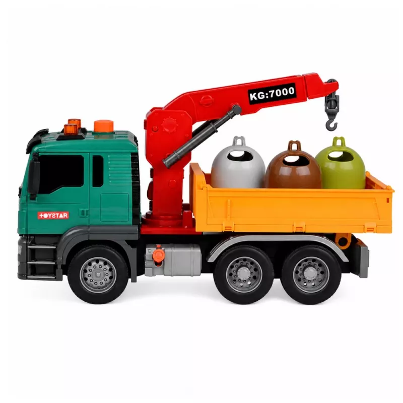 LEAN TOYS Šiukšlių rūšiavimo sunkvežimis su kranu, konteineriais, inercine pavara, šviesa ir garsu