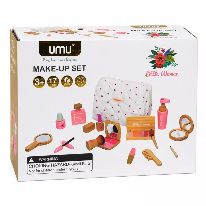 LEAN TOYS Medinis grožio rinkinys mergaitėms su baltu kosmetiniu krepšiu, 17 dalių